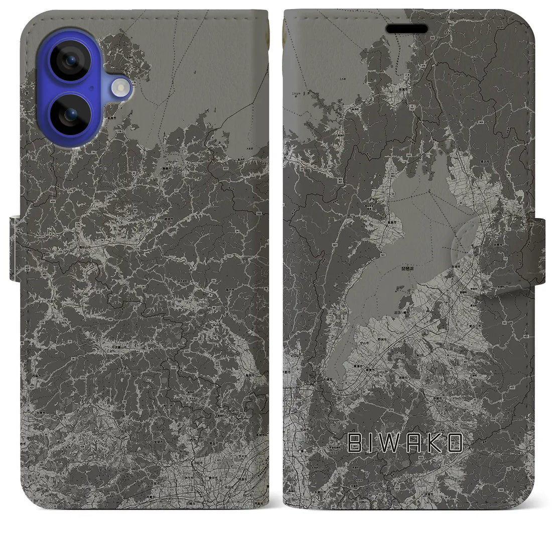 【琵琶湖2(滋賀県)】地図柄iPhoneケース(手帳タイプ)モノトーン・iPhone 16 Pro Max 用