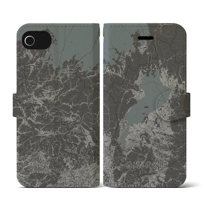 【琵琶湖2（滋賀県）】地図柄iPhoneケース（手帳タイプ）モノトーン・iPhone SE（第3 / 第2世代） / 8 / 7 / 6s / 6 用