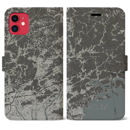 【備前（岡山県）】地図柄iPhoneケース（手帳タイプ）モノトーン・iPhone 11 用