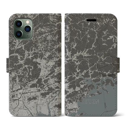 【備前（岡山県）】地図柄iPhoneケース（手帳タイプ）モノトーン・iPhone 11 Pro 用