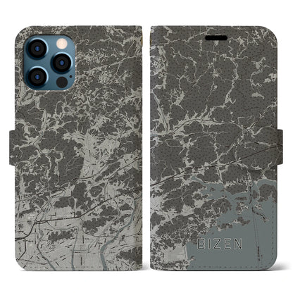 【備前（岡山県）】地図柄iPhoneケース（手帳タイプ）モノトーン・iPhone 12 / 12 Pro 用