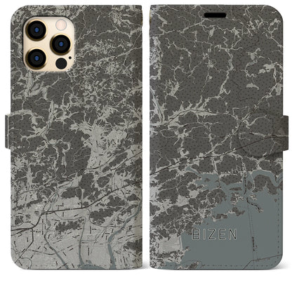 【備前（岡山県）】地図柄iPhoneケース（手帳タイプ）モノトーン・iPhone 12 Pro Max 用