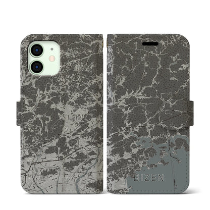 【備前（岡山県）】地図柄iPhoneケース（手帳タイプ）モノトーン・iPhone 12 mini 用