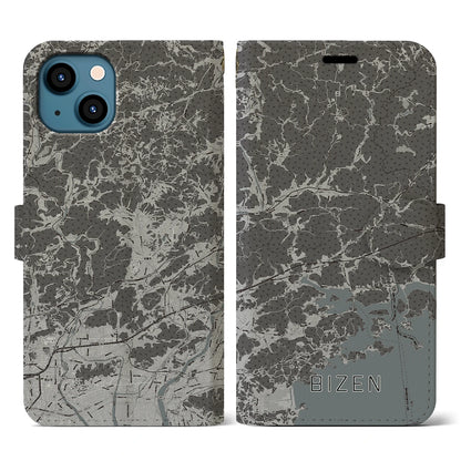 【備前（岡山県）】地図柄iPhoneケース（手帳タイプ）モノトーン・iPhone 13 用