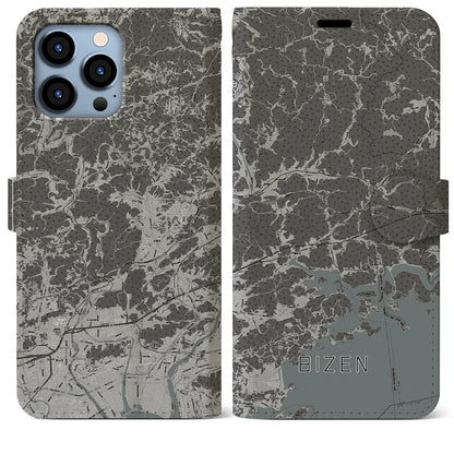 【備前（岡山県）】地図柄iPhoneケース（手帳タイプ）モノトーン・iPhone 13 Pro Max 用