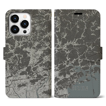 【備前（岡山県）】地図柄iPhoneケース（手帳タイプ）モノトーン・iPhone 13 Pro 用