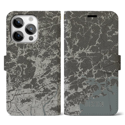 【備前（岡山県）】地図柄iPhoneケース（手帳タイプ）モノトーン・iPhone 14 Pro 用