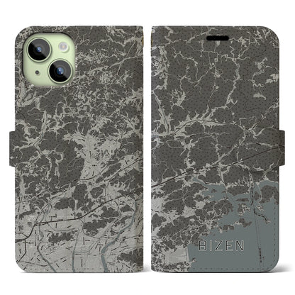 【備前（岡山県）】地図柄iPhoneケース（手帳タイプ）モノトーン・iPhone 15 用