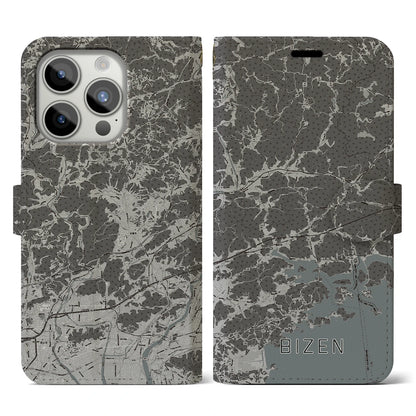 【備前（岡山県）】地図柄iPhoneケース（手帳タイプ）モノトーン・iPhone 15 Pro 用