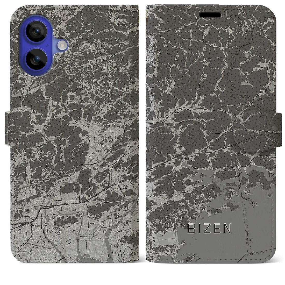 【備前(岡山県)】地図柄iPhoneケース(手帳タイプ)モノトーン・iPhone 16 Pro Max 用