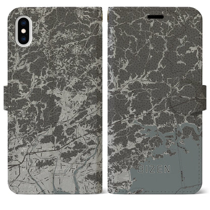 【備前（岡山県）】地図柄iPhoneケース（手帳タイプ）モノトーン・iPhone XS Max 用