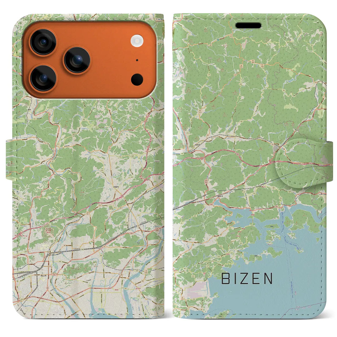 【備前（岡山県）】地図柄iPhoneケース（手帳タイプ）ナチュラル・iPhone 17 Pro Max 用
