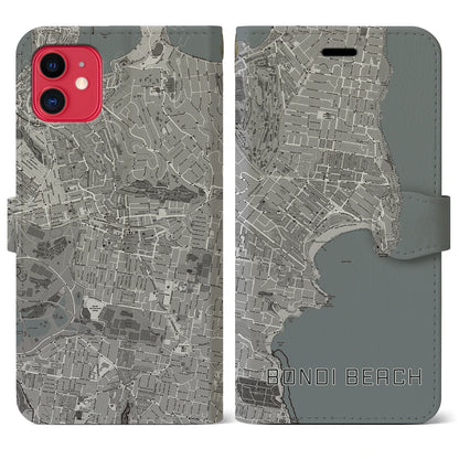 【ボンダイビーチ（オーストラリア）】地図柄iPhoneケース（手帳タイプ）モノトーン・iPhone 11 用