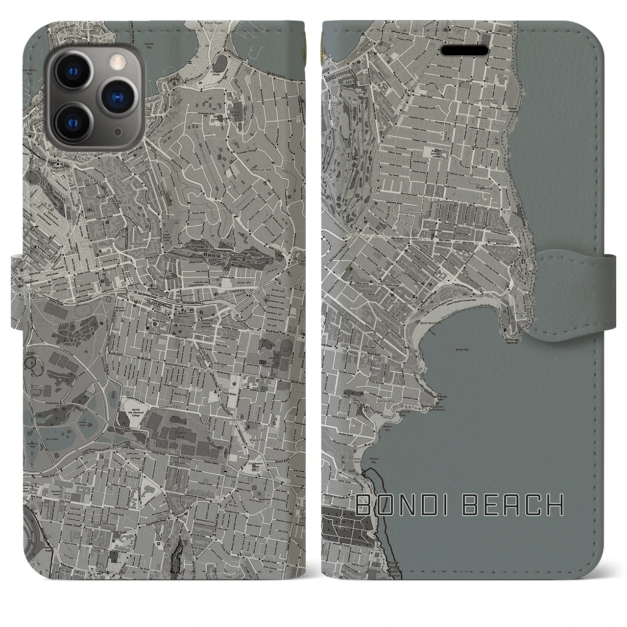 【ボンダイビーチ】地図柄iPhoneケース（手帳両面タイプ・モノトーン）iPhone 11 Pro Max 用