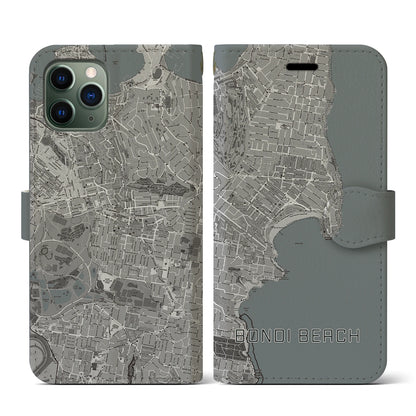 【ボンダイビーチ（オーストラリア）】地図柄iPhoneケース（手帳タイプ）モノトーン・iPhone 11 Pro 用