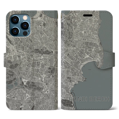 【ボンダイビーチ（オーストラリア）】地図柄iPhoneケース（手帳タイプ）モノトーン・iPhone 12 / 12 Pro 用