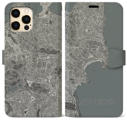 【ボンダイビーチ（オーストラリア）】地図柄iPhoneケース（手帳タイプ）モノトーン・iPhone 12 Pro Max 用