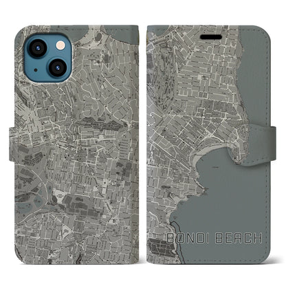 【ボンダイビーチ（オーストラリア）】地図柄iPhoneケース（手帳タイプ）モノトーン・iPhone 13 用