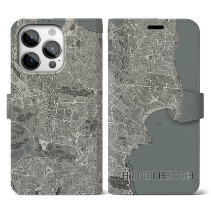 【ボンダイビーチ（オーストラリア）】地図柄iPhoneケース（手帳タイプ）モノトーン・iPhone 14 Pro 用