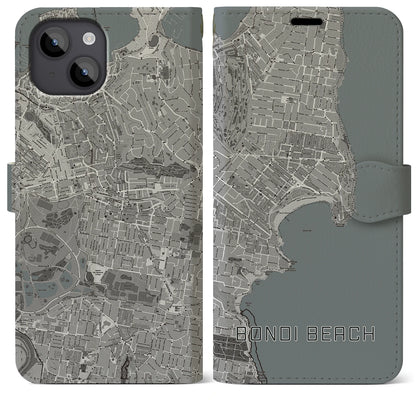 【ボンダイビーチ（オーストラリア）】地図柄iPhoneケース（手帳タイプ）モノトーン・iPhone 14 Plus 用