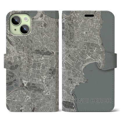 【ボンダイビーチ（オーストラリア）】地図柄iPhoneケース（手帳タイプ）モノトーン・iPhone 15 用
