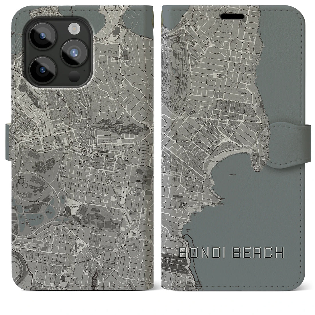 【ボンダイビーチ】地図柄iPhoneケース（手帳両面タイプ・モノトーン）iPhone 15 Pro Max 用