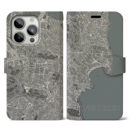 【ボンダイビーチ（オーストラリア）】地図柄iPhoneケース（手帳タイプ）モノトーン・iPhone 15 Pro 用