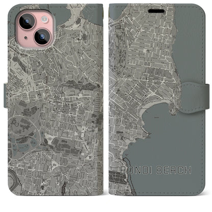 【ボンダイビーチ（オーストラリア）】地図柄iPhoneケース（手帳タイプ）モノトーン・iPhone 15 Plus 用
