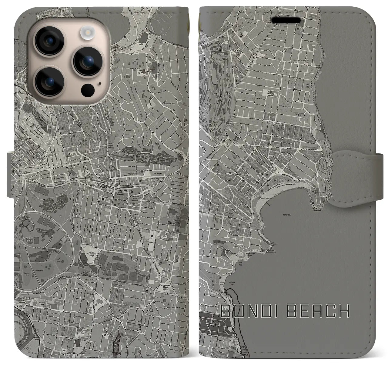 【ボンダイビーチ（オーストラリア）】地図柄iPhoneケース（手帳タイプ）モノトーン・iPhone 16 Plus 用