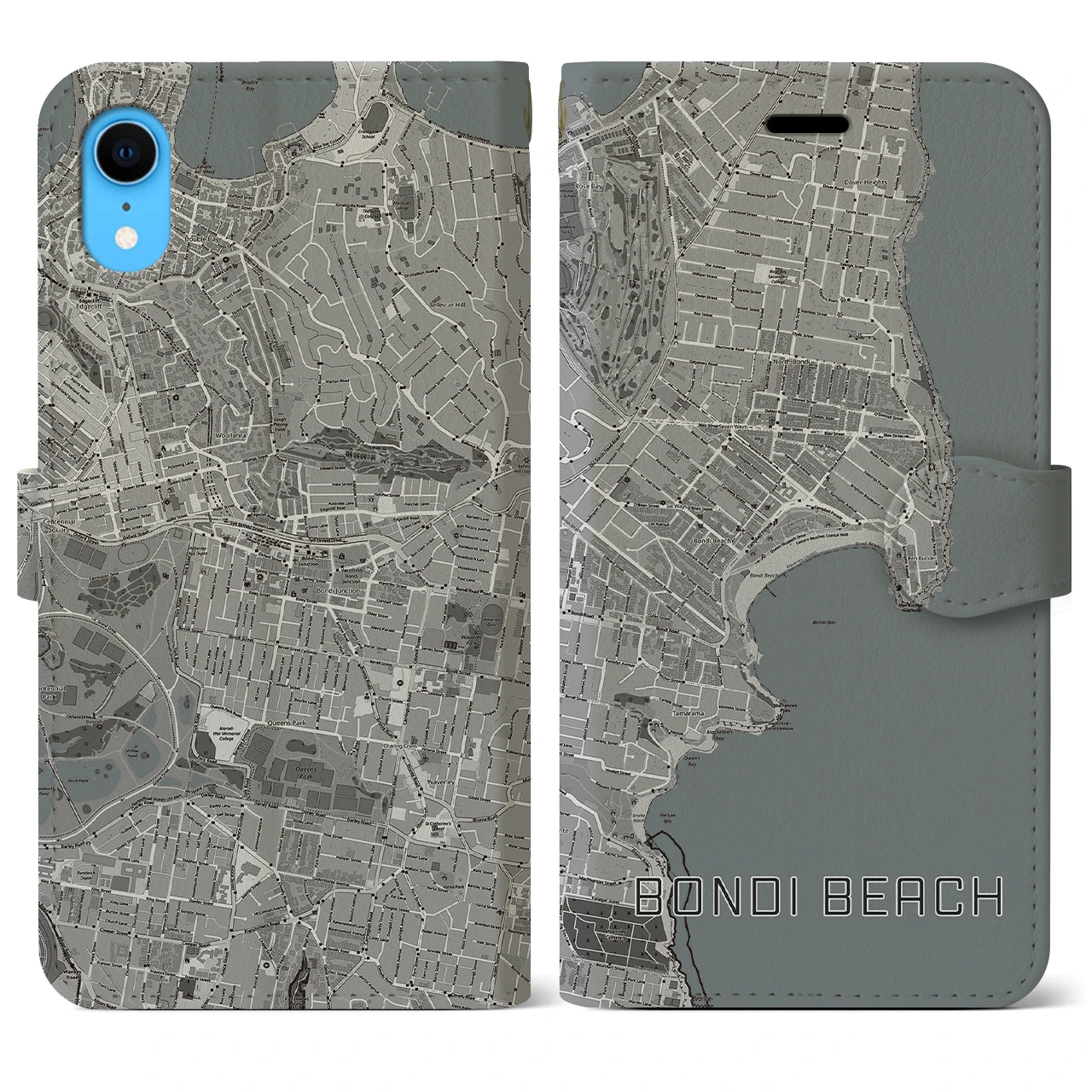 【ボンダイビーチ】地図柄iPhoneケース（手帳両面タイプ・モノトーン）iPhone XR 用