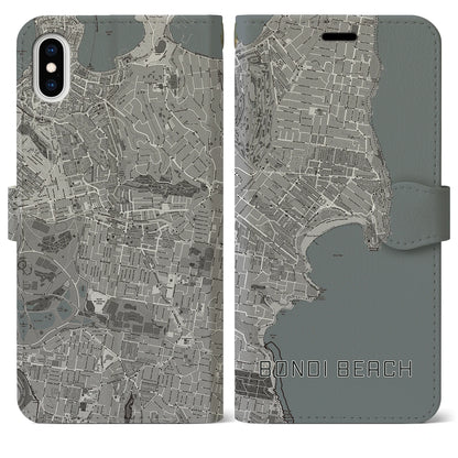 【ボンダイビーチ（オーストラリア）】地図柄iPhoneケース（手帳タイプ）モノトーン・iPhone XS Max 用