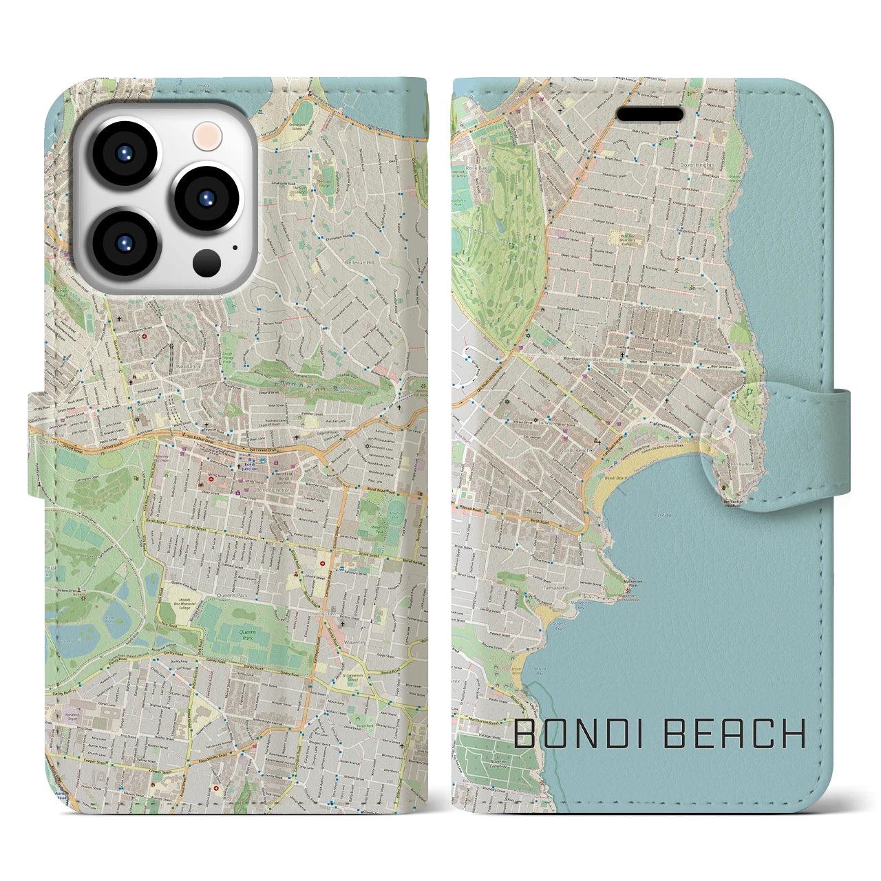 【ボンダイビーチ】地図柄iPhoneケース（手帳両面タイプ・ナチュラル）iPhone 13 Pro 用