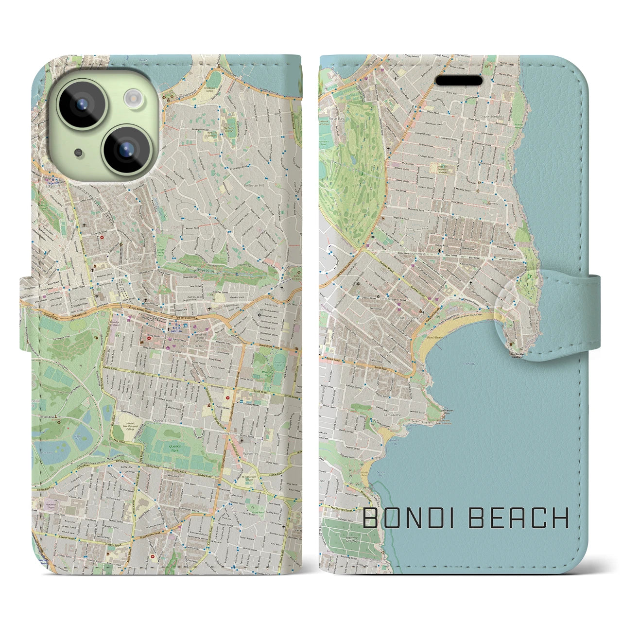 【ボンダイビーチ】地図柄iPhoneケース（手帳両面タイプ・ナチュラル）iPhone 15 用