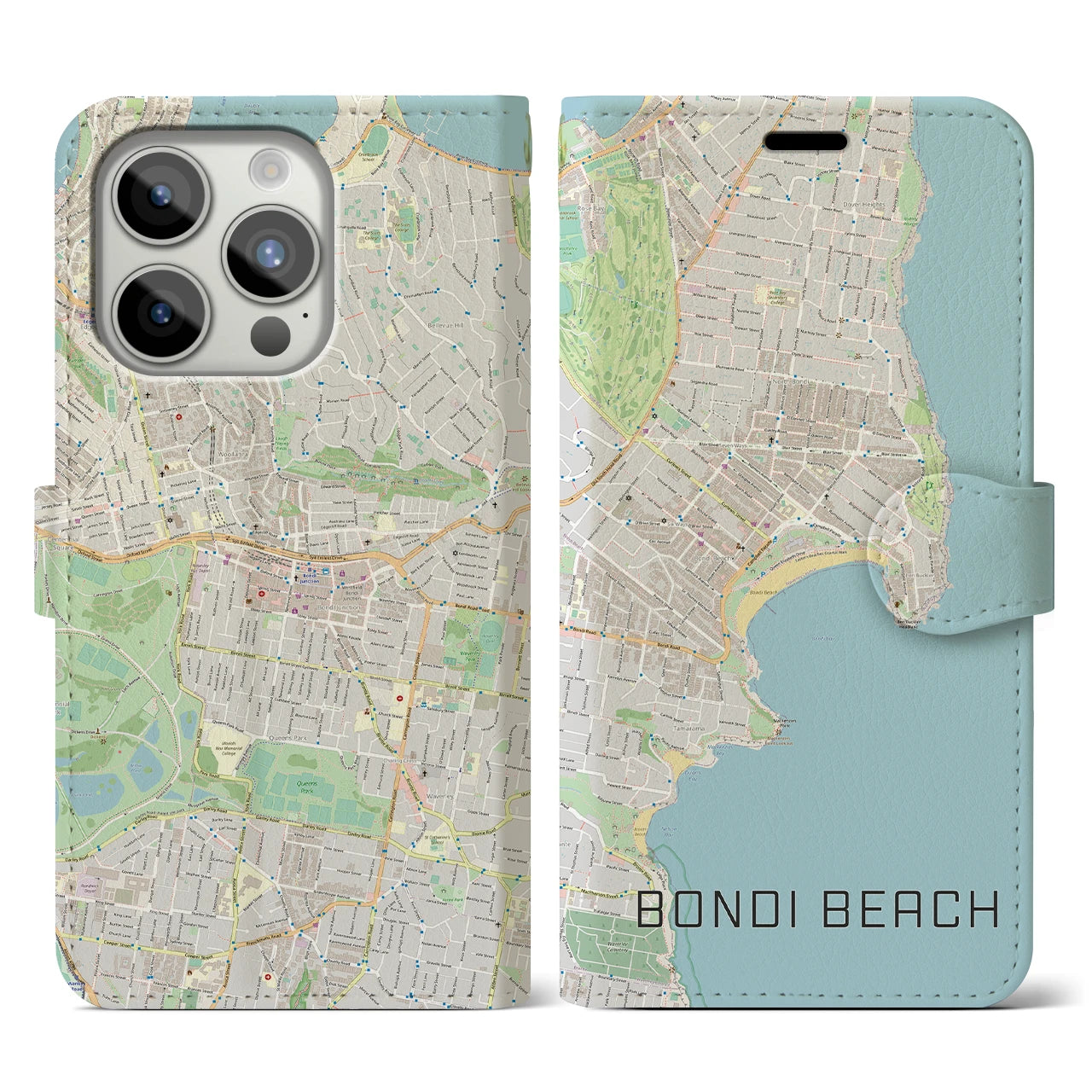 【ボンダイビーチ】地図柄iPhoneケース（手帳両面タイプ・ナチュラル）iPhone 15 Pro 用