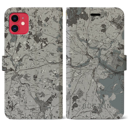 【ボストン（アメリカ）】地図柄iPhoneケース（手帳タイプ）モノトーン・iPhone 11 用