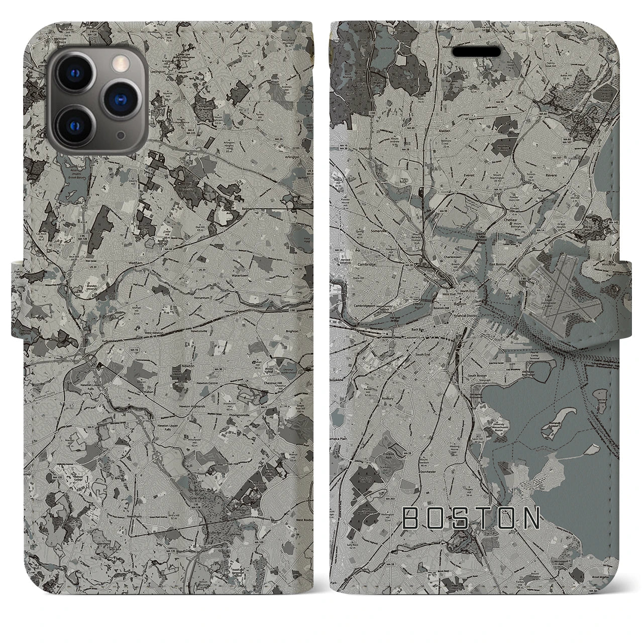 【ボストン】地図柄iPhoneケース（手帳両面タイプ・モノトーン）iPhone 11 Pro Max 用