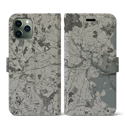 【ボストン（アメリカ）】地図柄iPhoneケース（手帳タイプ）モノトーン・iPhone 11 Pro 用