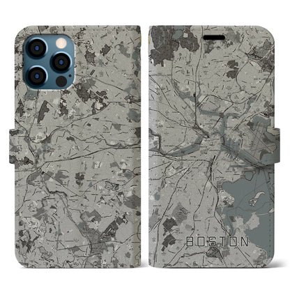 【ボストン（アメリカ）】地図柄iPhoneケース（手帳タイプ）モノトーン・iPhone 12 / 12 Pro 用