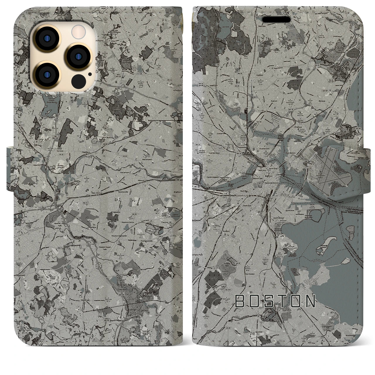 【ボストン】地図柄iPhoneケース（手帳両面タイプ・モノトーン）iPhone 12 Pro Max 用