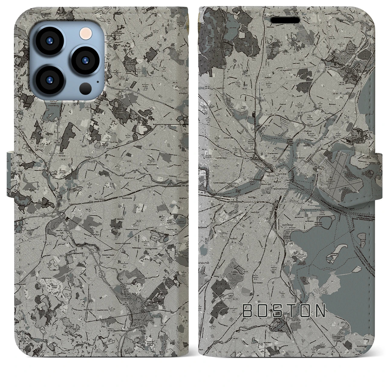 【ボストン】地図柄iPhoneケース（手帳両面タイプ・モノトーン）iPhone 13 Pro Max 用