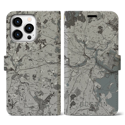 【ボストン（アメリカ）】地図柄iPhoneケース（手帳タイプ）モノトーン・iPhone 13 Pro 用