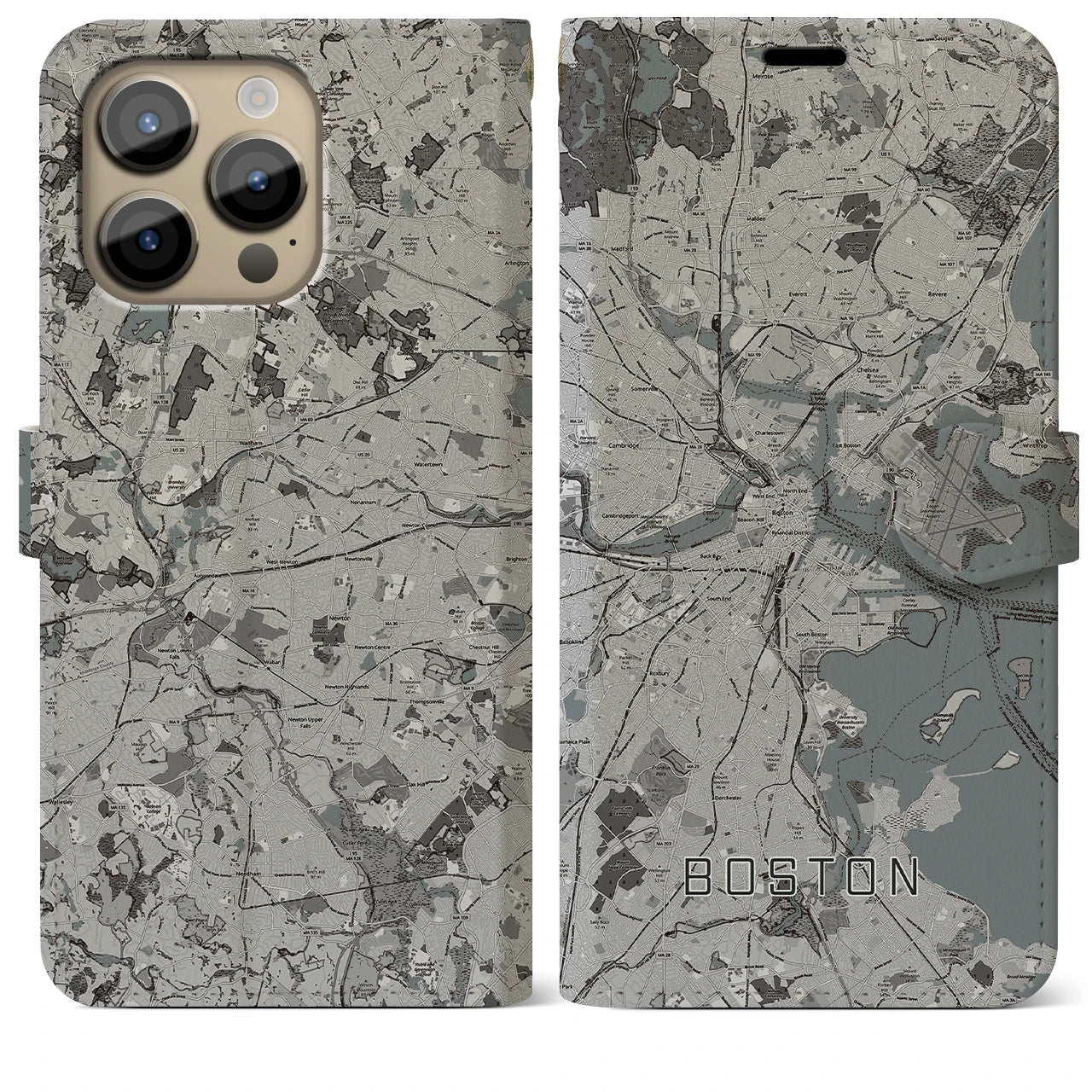 【ボストン】地図柄iPhoneケース（手帳両面タイプ・モノトーン）iPhone 14 Pro Max 用