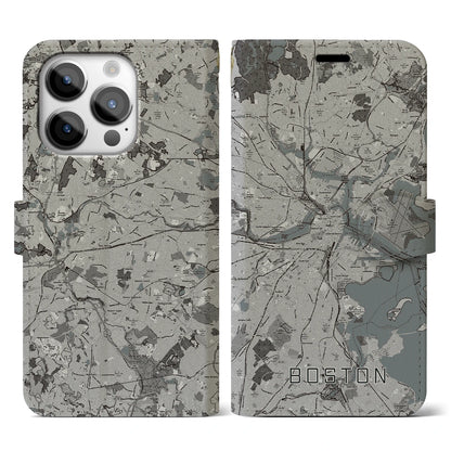 【ボストン（アメリカ）】地図柄iPhoneケース（手帳タイプ）モノトーン・iPhone 14 Pro 用