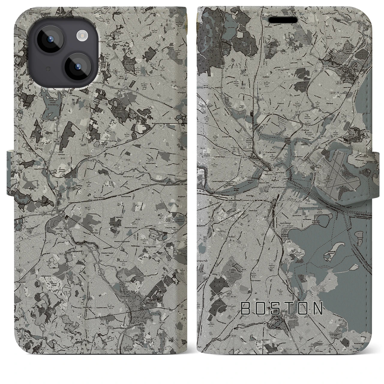 【ボストン】地図柄iPhoneケース（手帳両面タイプ・モノトーン）iPhone 14 Plus 用