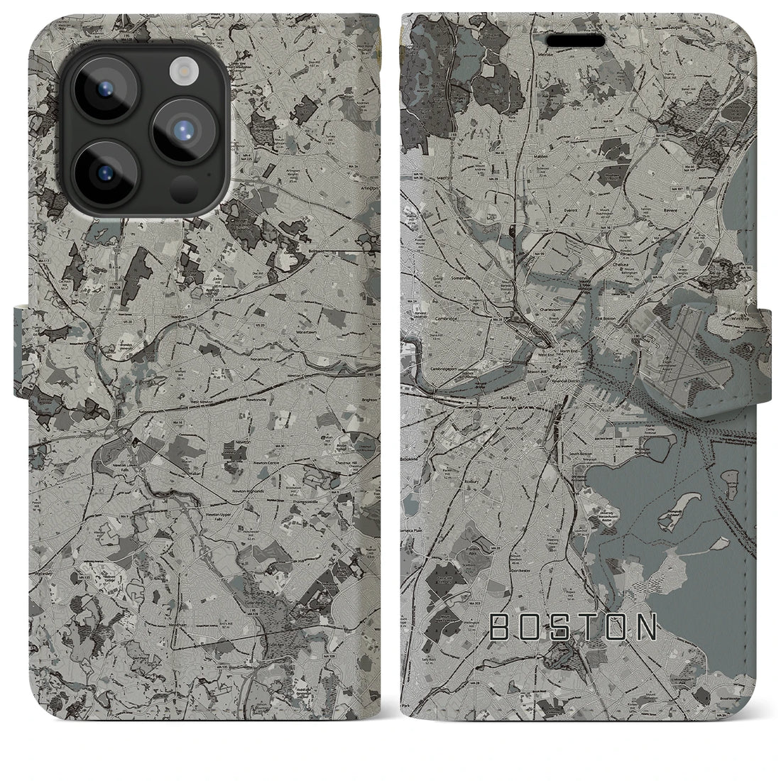 【ボストン】地図柄iPhoneケース（手帳両面タイプ・モノトーン）iPhone 15 Pro Max 用