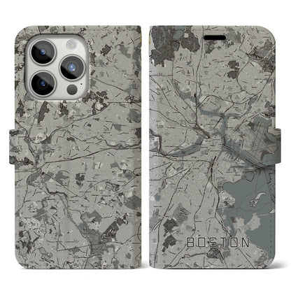 【ボストン（アメリカ）】地図柄iPhoneケース（手帳タイプ）モノトーン・iPhone 15 Pro 用
