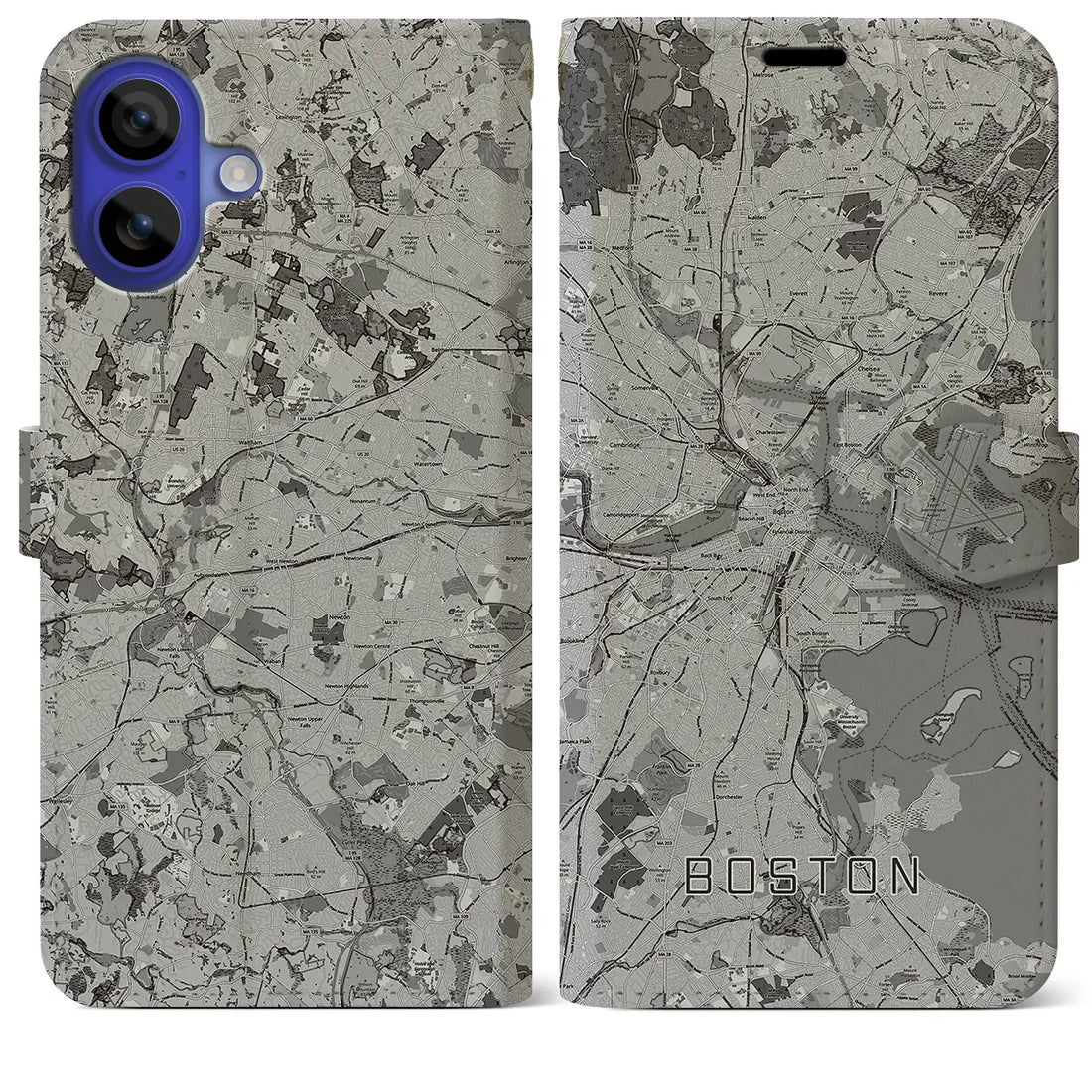 【ボストン(アメリカ)】地図柄iPhoneケース(手帳タイプ)モノトーン・iPhone 16 Pro Max 用