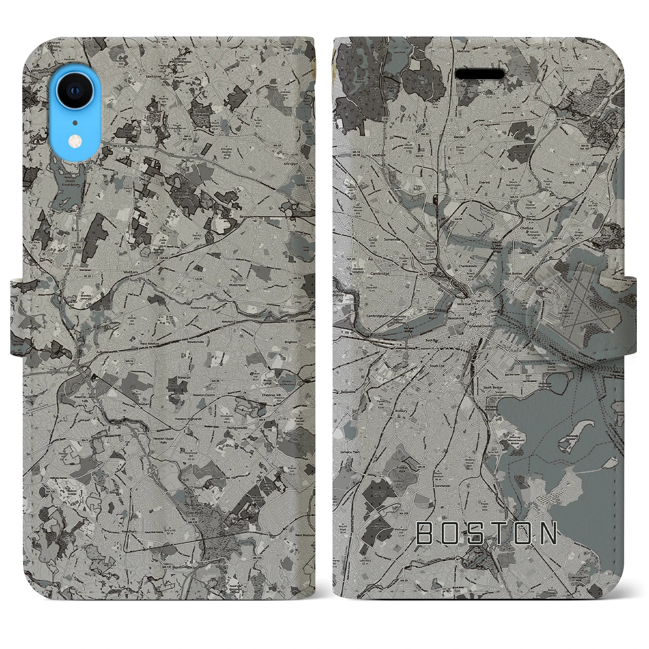 【ボストン】地図柄iPhoneケース（手帳両面タイプ・モノトーン）iPhone XR 用
