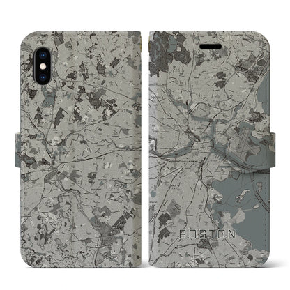 【ボストン（アメリカ）】地図柄iPhoneケース（手帳タイプ）モノトーン・iPhone XS / X 用