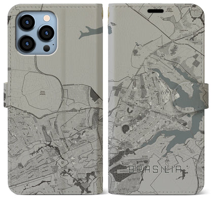 【ブラジリア（ブラジル）】地図柄iPhoneケース（手帳タイプ）モノトーン・iPhone 13 Pro Max 用